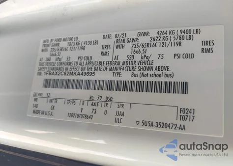 2021 Ford Transit-350 Passenger Van Xlt из США, поврежденный, VIN 1FBAX2C82MKA49695